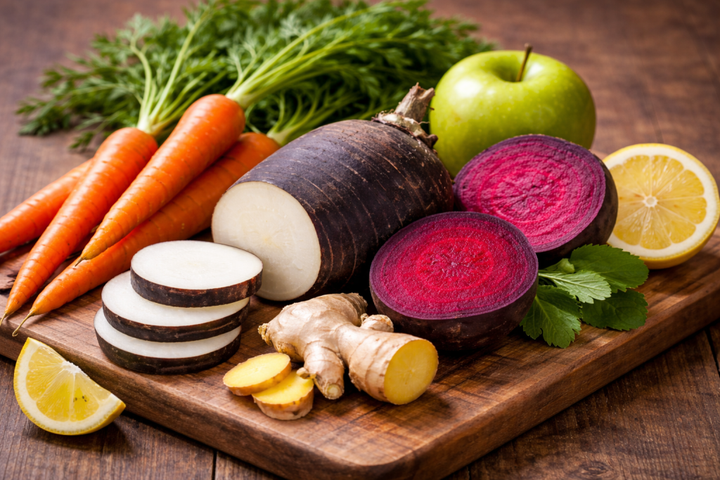 Jus détox à base de radis noir, carotte, betterave et gingembre.