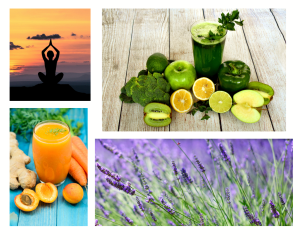 Flyer "Cure Détox et Yoga en Provence" - Les photos représente des jus de fruits et légumes vivifiants, une posture de yoga au coucher du soleil et des fleurs de lavande