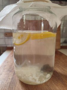 Kéfir en préparation avec des grains de kéfir