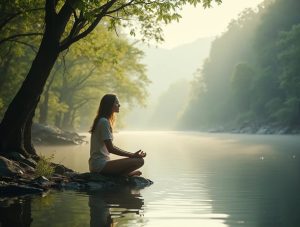 Personne méditant dans la nature pour apaiser la surcharge mentale et retrouver le calme intérieur