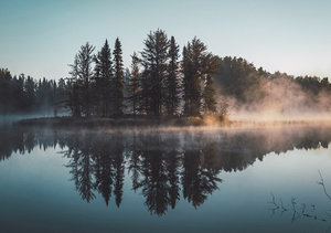 paysage hivernal avec lac, arbres et brume au lever du soleil évoquant un retour progressif à l’énergie