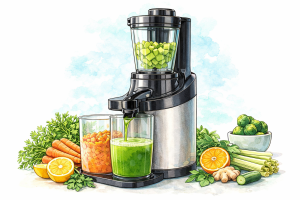 Extracteur de jus avec légumes frais produisant un jus vert maison riche en nutriments