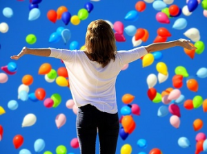 Femme de dos bras ouverts lâchant des ballons colorés symbole de liberté et d’écologie personnelle en naturopathie
