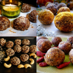Collage de quatre recettes d’energy balls maison aux fruits secs, noix, cranberries et curcuma