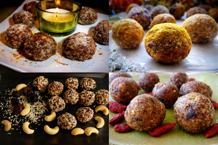 Collage de quatre recettes d’energy balls maison aux fruits secs, noix, cranberries et curcuma