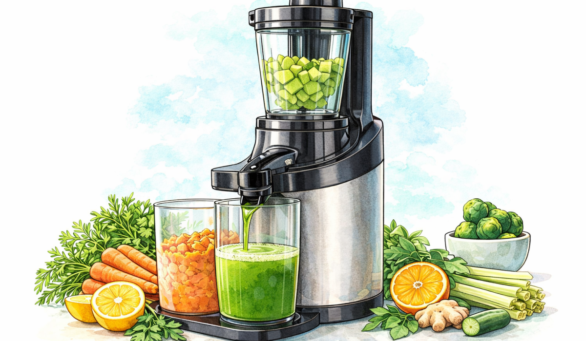 Extracteur de jus avec légumes frais produisant un jus vert maison riche en nutriments