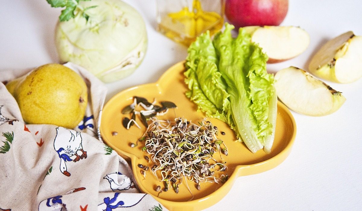 Recette salade d'été - Feuilles de batavia - radis noir - chou fleur - poivron vert - carotte - graines germées - olives noires