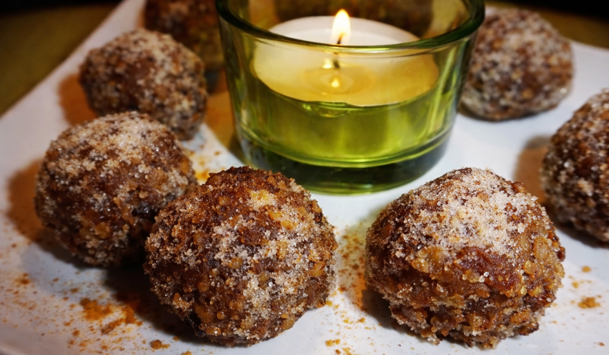 Recette Energy balls aux abricots et aux noix présents sur une assiette avec une bougie