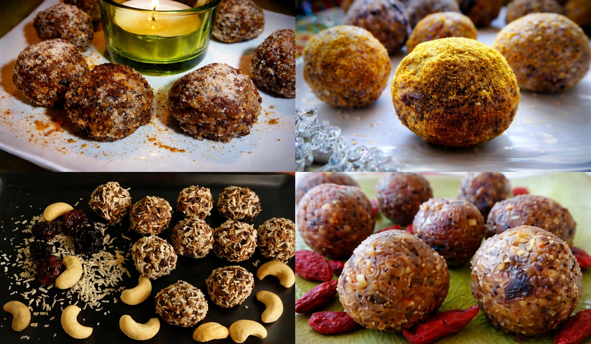 Collage de quatre recettes d’energy balls maison aux fruits secs, noix, cranberries et curcuma