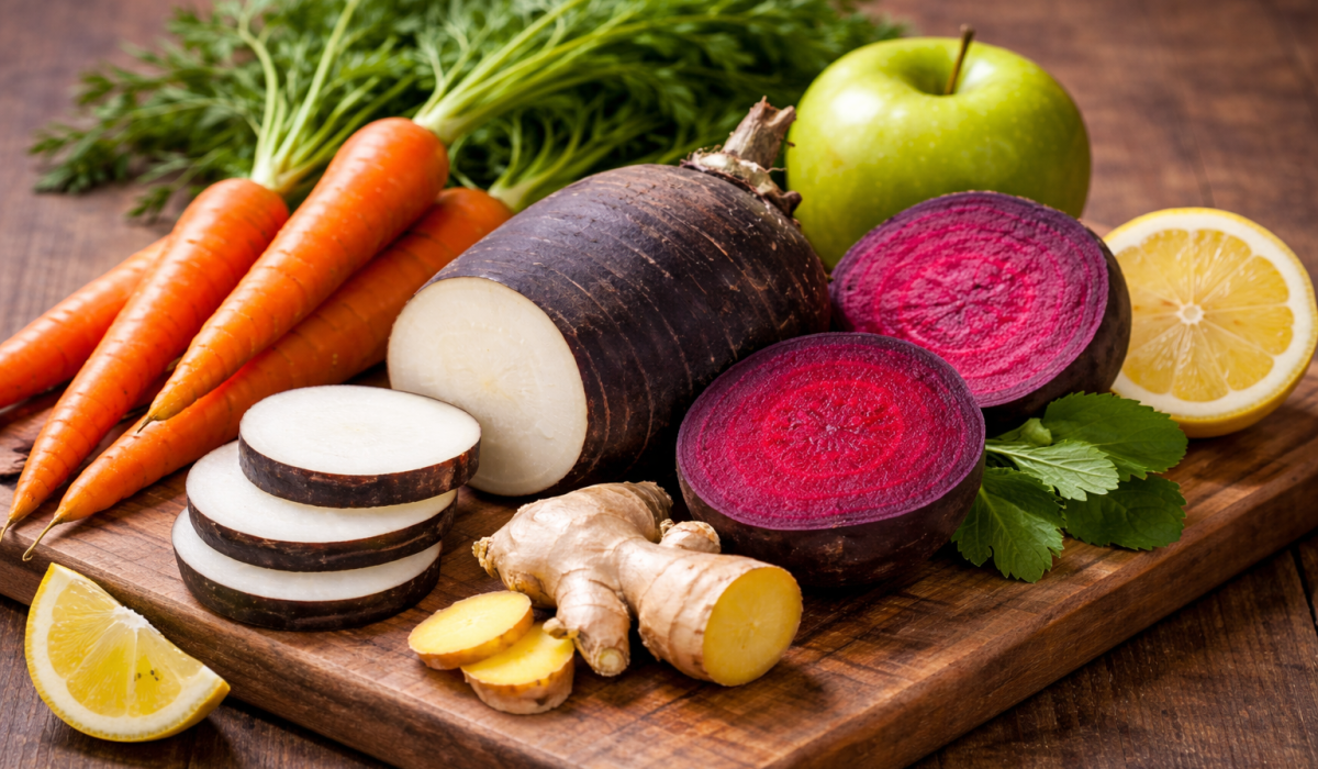 Jus détox à base de radis noir, carotte, betterave et gingembre.