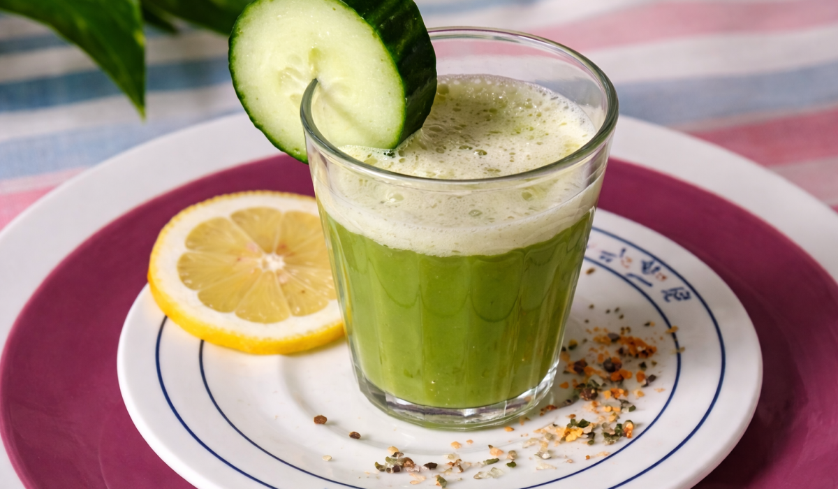 Jus de légumes verts frais préparé à l’extracteur pour une boisson saine et vivante